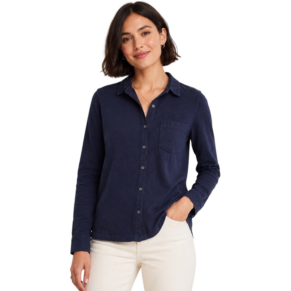 Boden Amy Jersey Shirt Women US 6 Navy Blue Cotton Button Front Pocket Top